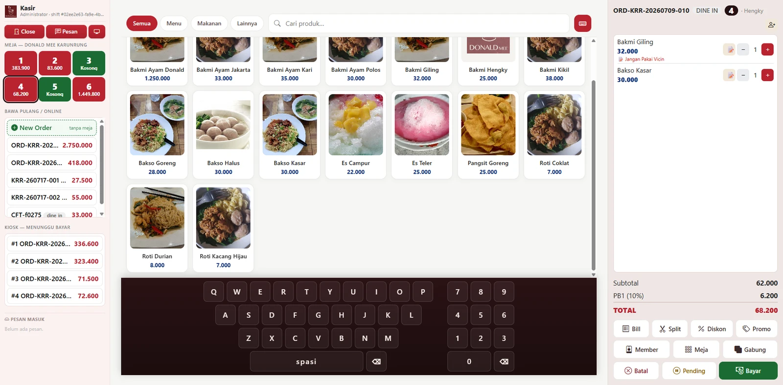 Layar Kasir — papan meja, daftar menu & panel bill dalam satu layar