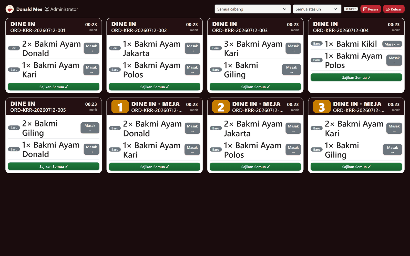 Layar Dapur (KDS) — tiket realtime per stasiun, dengan penghitung waktu