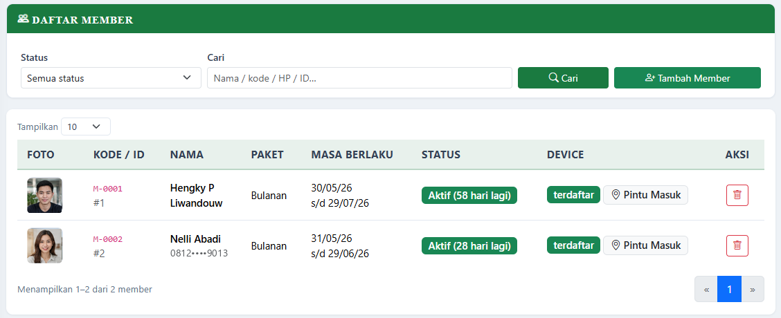 Daftar member: status, masa berlaku & sinkron ke mesin pintu