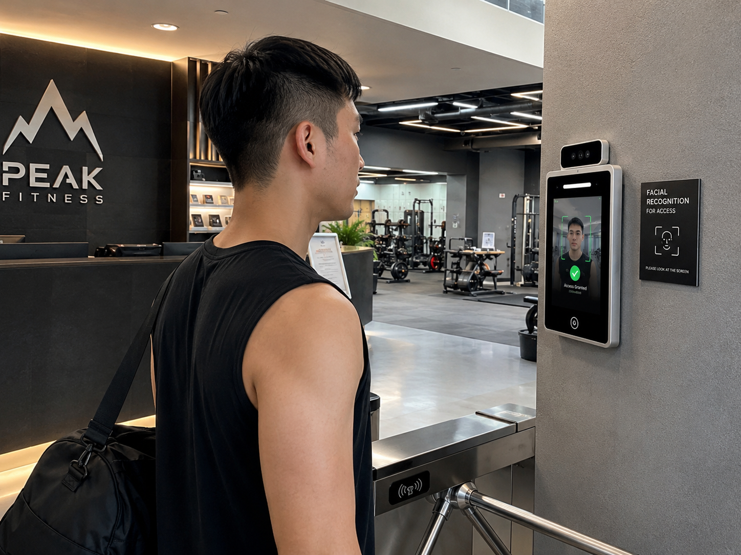 Area gym dengan rak dumbbell